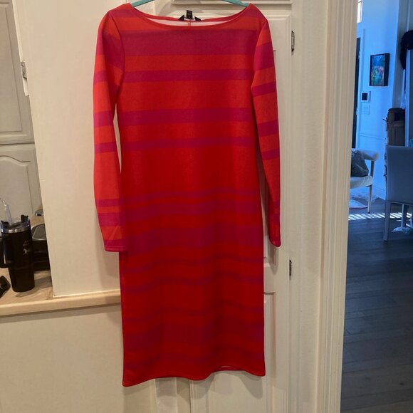 NWT Project Runway Pink Red Striped Midi Dress Size XL Extra Large Long Sleeves - Picture 5 of 9